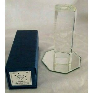 Laser Etched Happy Anniversary Cylinder Together 3D Hearts Clear Paperweight Art